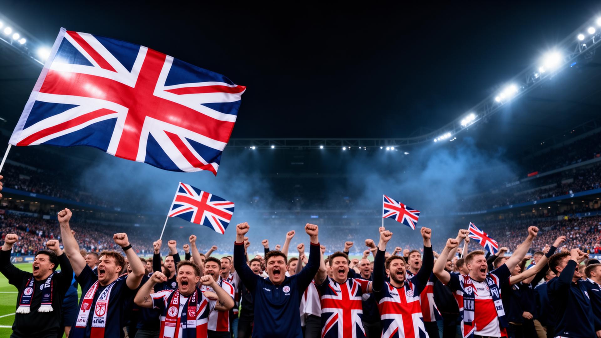 Best IPTV UK — Watch live UK football, World Cup 2026 & Premier League UK football fans waving Union Jack flags celebrating a live match — Best IPTV UK streaming